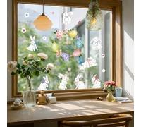 Alwayspon 17 calcomanías no adhesivas de vidrio de Pascua de PVC para ventana, doble cara, reutilizable, estática, impermeable, película decorativa de vidrio, flores de conejo blanco