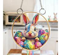 Alwayspon Decoración ovalada de acrílico teñido para ventana, diseño de arco iris de doble cara para amigos, familia, regalo de cumpleaños, hogar, dormitorio, conejo de color huevo de Pascua