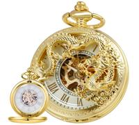 Alwesam Reloj mecánico de bolsillo para hombre, diseño de huecos, números romanos, steampunk, con caja de cadena, Oro, Regalo