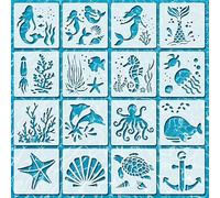 Alwodici 16 plantillas reutilizables de animales marinos para pintar criaturas marinas, plantilla de dibujo de sirena, ballena, caballito de mar, plantilla temática del océano para pintar