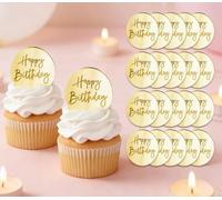 Alwodici 24 adornos para cupcakes de acrílico dorado para cupcakes de feliz cumpleaños, discos redondos de espejo de 2 pulgadas, mini decoraciones brillantes para cupcakes, para hornear, postres