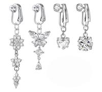Alwodici 4 piercings falsos para ombligo con clip con forma de mariposa en forma de corazón, colgante largo con incrustaciones de cobre incrustado de circonita, barras de piercing falsos de plata para