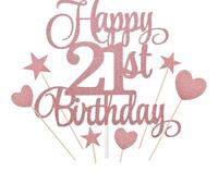 Alwodici Decoración para tarta de cumpleaños número 21, 7 piezas, juego de decoración para tarta de feliz cumpleaños, diseño de corazón con purpurina y estrella, color rosa para niña, niño y niño