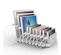 Alxum 96W Estación de Carga USB A 10 Puertos 5V/2.4A Blanco Puro | Estacion Carga Rapida Múltiples con divisores,Apto para tabletas, teléfonos móviles y lectores electrónicos