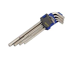 Alyco 193970 - Juego 9 llaves Allen acodadas serie extralarga Cr-V niqueladas de 1,5 a 10 mm en soporte plastico