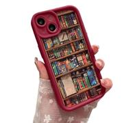 Alyova Bookshelf Phone Case, Alyova Book Phone Case, Anti-Slip Shockproof and Drop-Resistant TPU Protective Cover for iPhone 16 15 14 13 12 11 Pro MAX (Red,14plus)