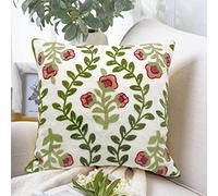 Alysheer Funda de cojín Decorativa Bordada de Flores de Granja de 18 x 18 Pulgadas, patrón de Punto de Hojas Verdes y Flores de cabaña, Funda de cojín 100% Lona de algodón para decoración de sofá,