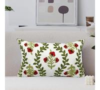 Alysheer Funda de cojín Decorativa de Verano Bordada Floral de 12 x 20 Pulgadas, Funda de cojín de Lona de algodón con Estampado de Flores Rojas y Hojas Verdes, para sofá, Cama, Sala de Estar