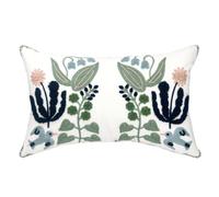 Alysheer - Funda decorativa para cojín lumbar, de verano, 30 x 50 cm, estilo rústico, con bordado de flores azul marino y hojas verdes, tela de algodón para sofá, cama y salón