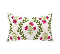 Alysheer - Funda Decorativa para cojín Lumbar, de Verano, 30 x 50 cm, Estilo rústico, con Bordado de Flores Rosa Fucsia y Hojas Verdes, Tela de algodón para sofá y salón