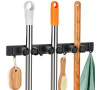 Alyvisun Colgador Escobas y Fregonas 3 Ranuras y 4 Ganchos, Soporte Escobas Pared, Sujeta Escobas Pared para Cepillos de Baño, Casa, Garaje y Jardín - Negro