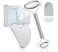 Alyvisun Gua Sha Rodillo Facial Kit, Esculpido Facial Acero Inoxidable, Facial Roller Elevador de Masajes de Belleza, con Bolsa de Transporte y Paño de Limpieza