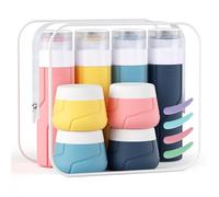 Alyvisun Juego de 14 botellas de viaje de silicona para artículos de tocador, botellas de viaje recargables de 100 ml, tarros de crema de 30 ml con cucharas y bolsa de almacenamiento, recipientes de