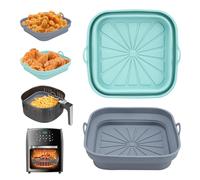 Alyvisun Moldes Silicona Freidora de Aire, 2 Piezas Bandeja Accesorios para Freidora sin Aceite Reutilizable Recipientes Cuadrado Cesta Utensilios para Air Fryer, Microondas, Horno (Azul+Gris)