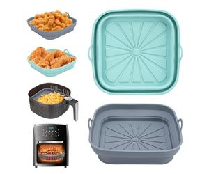 Alyvisun Moldes Silicona Freidora de Aire, 2 Piezas Bandeja Accesorios para Freidora sin Aceite Reutilizable Recipientes Cuadrado Cesta Utensilios para Air Fryer, Microondas, Horno (Azul+Gris)
