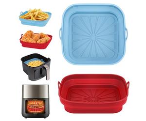 Alyvisun Moldes Silicona Freidora de Aire, 2 Piezas Bandeja Accesorios para Freidora sin Aceite Reutilizable Recipientes Cuadrado Cesta Utensilios para Air Fryer, Microondas, Horno (Rojo+Azul Cielo)