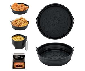 Alyvisun Moldes Silicona Freidora de Aire, 2 Piezas Recipientes Accesorios para Freidora sin Aceite Reutilizable Bandeja Redondo Utensilios Cesta para Air Fryer, Microondas, Horno (Negro)