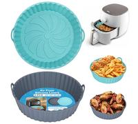Alyvisun Moldes Silicona Freidora de Aire, 2 Piezas Recipientes Bandeja Accesorios para Freidora sin Aceite Reutilizable Redondo Utensilios Cesta para Air Fryer, Microondas, Horno (Gris+Azul)