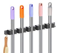 Alyvisun Soporte para escobas, 5 ranuras y 2 ganchos, montaje en pared, almacenamiento de escobas de acero inoxidable para almacenamiento de herramientas de jardín, baño y garaje, color gris