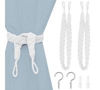 Alzapaños para Cortinas, Paquete de 2, Elegantes alzapaños Bohemios con Hebilla de Cuerda, Tejidos a Mano, con Gancho de Metal, para el hogar, la Oficina, la Sala y el Dormitorio (Blanco)