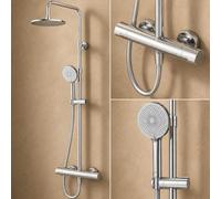 AM.PM Play F078Y400 - Sistema de ducha con termostato, ducha de lluvia de 25 cm de diámetro y alcachofa de mano, termostato, juego completo con columna de ducha, tecnología Air-in, antical, juego de