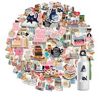 Amabro 100 calcomanías de libro, calcomanías de botella de agua con diseño de gato de lectura, bonitas calcomanías de vinilo impermeable para gatitos kawaii para portátiles, amantes de los libros