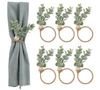 Amabro 6 anillos para servilletas, servilleteros rústicos de casa de campo, estilo bohemio, con hojas verdes, cuentas de madera de eucalipto para Acción de Gracias, Navidad, Pascua, bodas, decoración