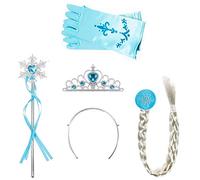 Amacoam 4 Piezas Disfraz Elsa Frozen Accesorios Conjunto Accesorios de Princesa del Hielo Elsa Corona Varita Mágica Trenza y Guantes, Disfraz Blancanieves Niña Princesa Vestir Accesorios (Azul)