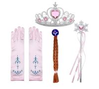Amacoam Disfraz de princesa, 4 piezas, disfraz de princesa de hielo, accesorios para vestir con guantes, corona, varita mágica, trenza, disfraz para cumpleaños, cosplay