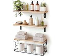 AMADA HOMEFURNISHING Estantes de baño con cesta de alambre, estantes flotantes de madera de paulownia para organización del hogar y decoración de pared, baño, cocina, sala de estar, estantes de