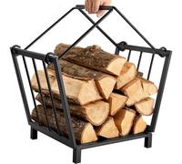 Amagabeli Chimenea Madera Cesta 35 x 32 x 32cm Cesta para Leña con Mango Acero titular de la leña Chimenea de madera cesta de leña Soporte de madera Negro