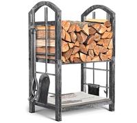 Amagabeli Estante para Leña de Chimenea con 4 Herramientas - 70x40x30cm Soporte para Estufa de Leña - Conjunto Plata Antigua