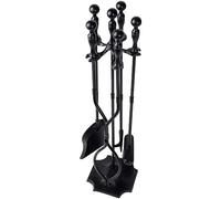 Amagabeli Juego de 5 herramientas para chimenea mango negro hierro forjado gran juego de herramientas para fuego y soporte para exterior para fogata para interior rústico con tenazas