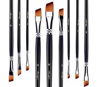 Amagic 9Pcs Angled Flat Tipped Art Paintbrush Set with Storage Container - Anti-Shedding Synthetic Nylon with Long Handle - Paint Brush for Watercolor, Acrylics, Ink, Gouache, Oil, Tempera