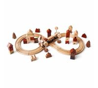 Amagogo Juguetes de Madera para Niños Tren Bloques Vehículos con Edificios en Forma de Casa y Paisajes Movimiento Manual en Bucle Ruedas Oscuras Adecuado para Aprendizaje Temprano Casa Regalo