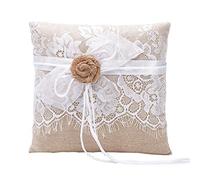 Amajoy Cojín de Anillo de Boda Yute Hechas a Mano con Flores arpillera 19 cm * 19 cm