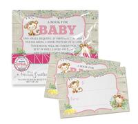 Amanda Creation - Tarjetas de acuarela con diseño de monos de la selva para niñas, 20 tarjetas de inserción de doble cara de 2.5 x 4 pulgadas, invita a los invitados a traer un libro para el bebé