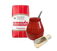 Amanda - Juego de té Yerba Mate | Bebida energética natural fuerte | Juego completo de té mate | Kit para principiantes | Yerba Mate Amanda Elaborada Booster+GUARANA 500 g | Taza roja de cerámica 350 ml | Bombilla inoxidable