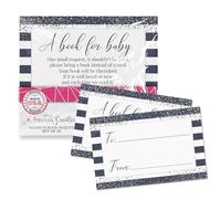 AmandaCreation - Tarjetas con diseño de rayas de color azul marino y plata para baby showers, 20 tarjetas de doble cara de 2.5 x 4 pulgadas, invitan a los invitados a traer un libro para la nueva llegada