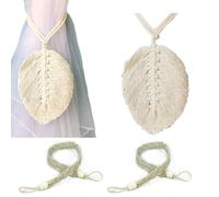 AMANDELIZABE - 2 pinzas de cortina trenzadas para cortina de cuerda con 2 trozos de corbata beige, pinzas de cortina boho de algodón, cortinas, accesorios decorativos para ventana (14,5 x 12 cm)