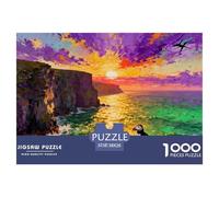 Amanecer sobre los Acantilados de los Puffins en Las Islas Feroe Puzzle De Madera Impermeable Puzzles De 1000 Piezas para Adultos Imposible Rompecabezas para Decoración del Hogar