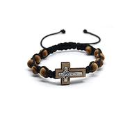 amangul Rosario benédico de madera de pino con crucifijo ajustable, nudo de cordón tejido, pulseras de cuentas de madera para mujer, color beige