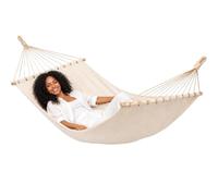AMANKA XXL Hamaca con Barra Separadora 200x120 cm Beige - Colgante Doble 2 Personas 150kg - Algodón Resistente Exterior & Interior - Balcón Jardín Terraza Campings - 100% Puro Transpirable Natural