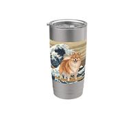 Amante de los perros pomeranios, japoneses, kanagawa, surfeando olas Vaso térmico de acero inoxidable de doble pared