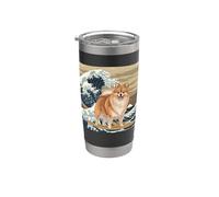 Amante de los perros pomeranios, japoneses, kanagawa, surfeando olas Vaso térmico de acero inoxidable de doble pared