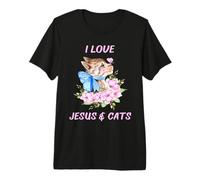 Amante Floral de Mariposas con Texto en inglés I Love Jesus and Cats Camiseta Premium