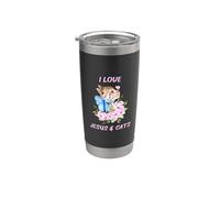 Amante floral de mariposas con texto en inglés "I Love Jesus And Cats" Vaso térmico de acero inoxidable de doble pared