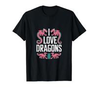 Amantes de la fantasía mística I Love Dragons Camiseta gráfica económica, Hombre, Negro, L