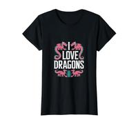 Amantes de la fantasía mística I Love Dragons Camiseta gráfica económica, Mujer, Negro, XL