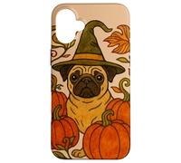 Amantes de los Perros de Halloween Pug Witch with Pumpkins Carcasa para iPhone 16 Plus